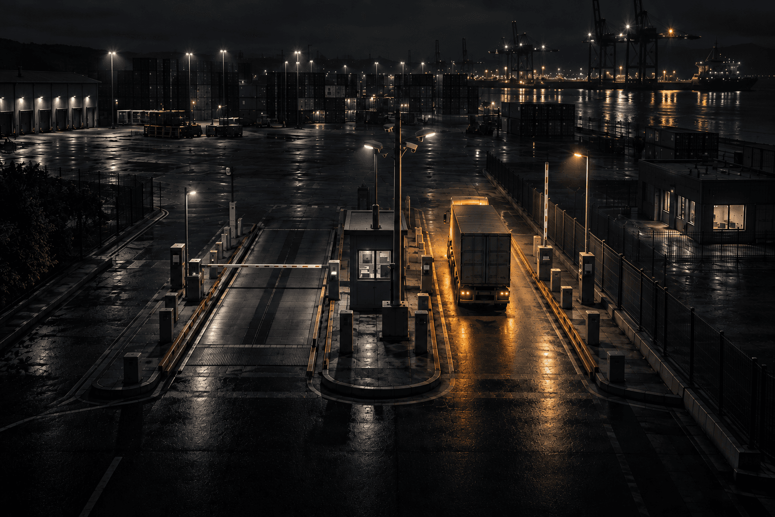 Camión saliendo por el carril de egreso de una portería nocturna, con la plataforma de pesaje vacía